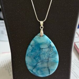 Sterling Silver Chain Necklace with Blue Teardrop Stone Pendant
